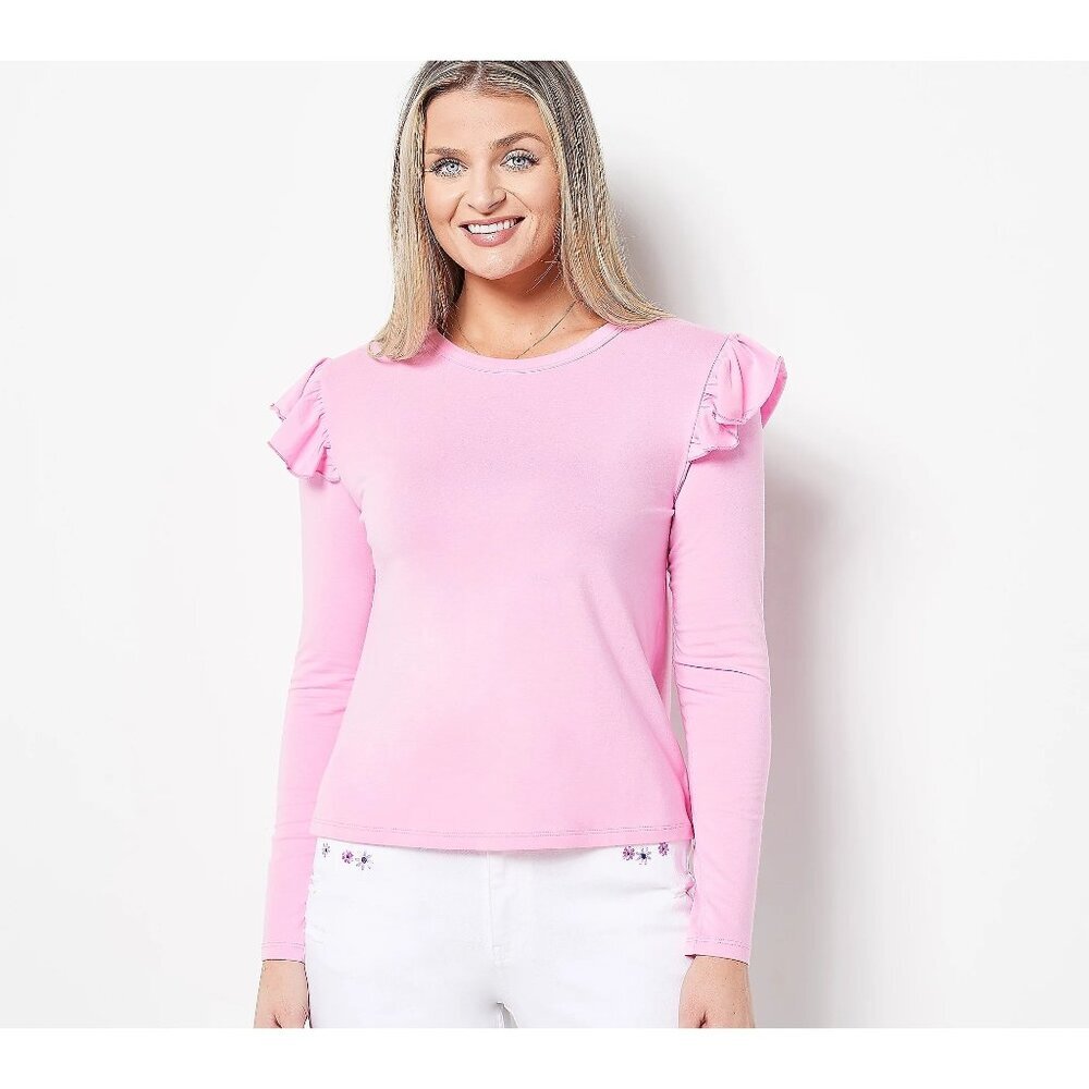 NWOT Candace Cameron Bure Long-Sleeve Top Sz S Pink Ruffle Shoulder Detail